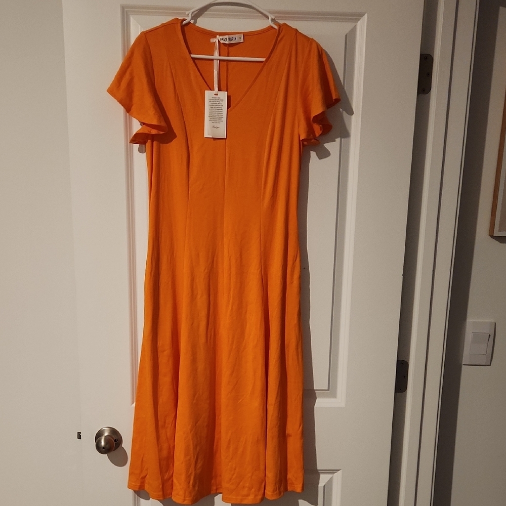 Grace Karin Bright Orange Midi Dress